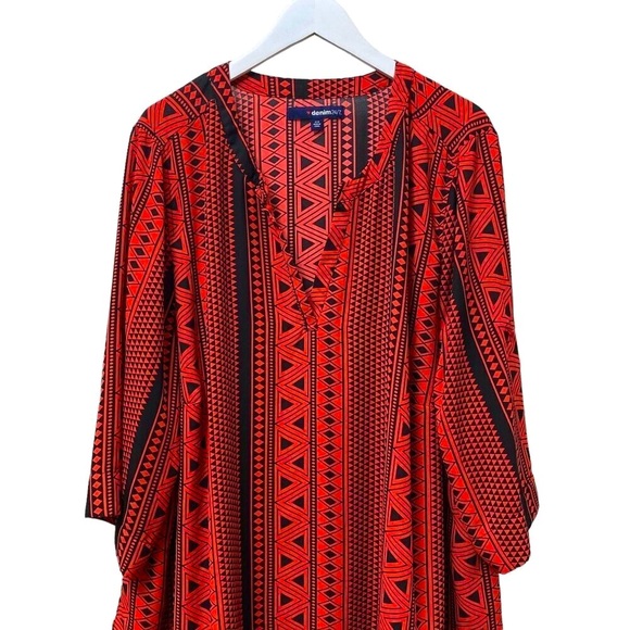 DENIM 24/7 Womens Top Plus Size 32W Coral Red  Black Tunic Blouse Aztec Boho - Picture 1 of 13